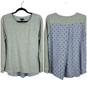 Talbots Cotton Mix Media Striped Polka Dot Long Sleeve Top Medium Grey Blue